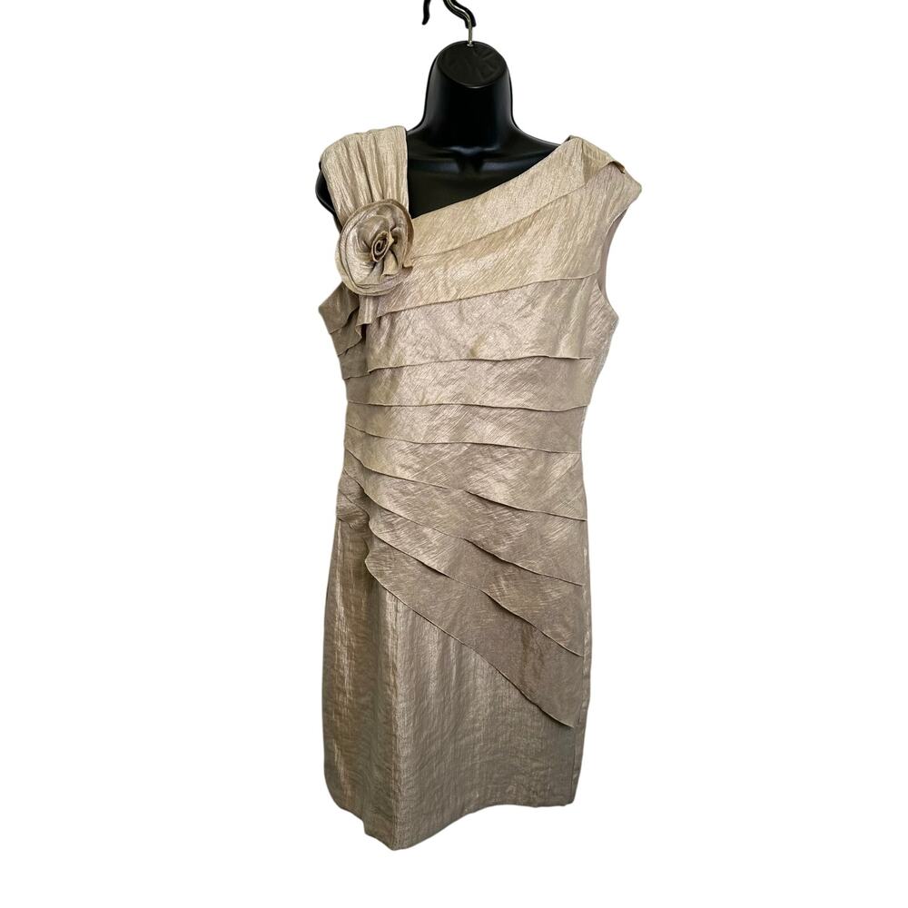 NWT London Times Shimmer Tiered Rose Midi Dress Asymmetric Neckline Champagne 12